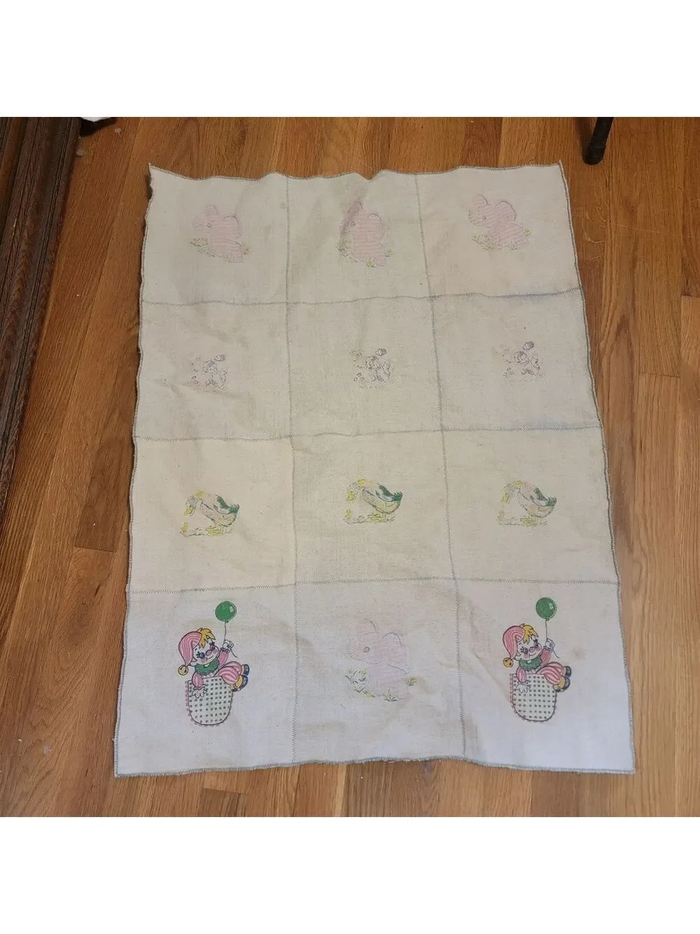 Vtg Quilt Handmade Crib Baby Blanket Children Clown elephant ducks